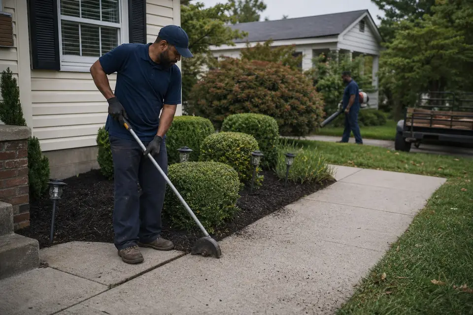 Crew member cutting a clean bed edge along a front walk