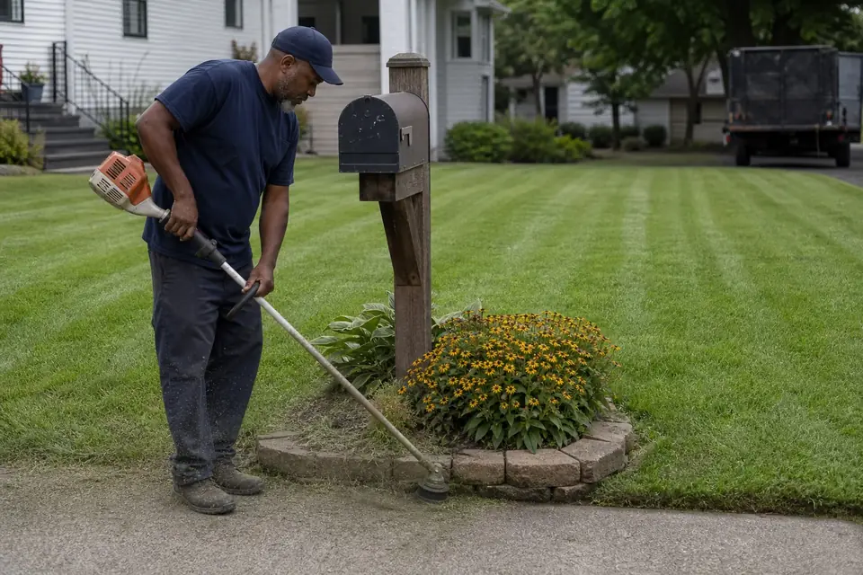 Crew member carefully trimming around a mailbox post
