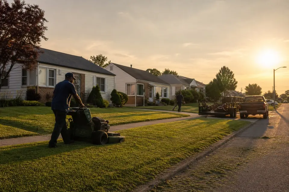 Walk-behind mower finishing a front lawn on a street of small postwar homes