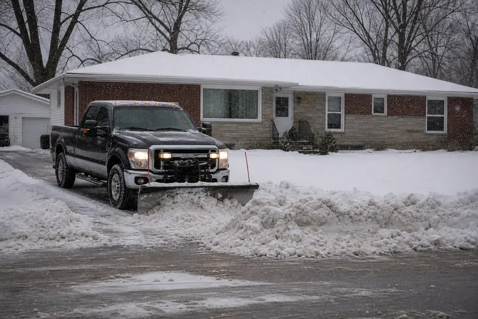 Pickup with a plow blade clearing a short driveway at a 1950s ranch