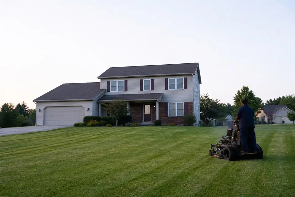 Stand-on mower striping the front lawn of a two-story subdivision home