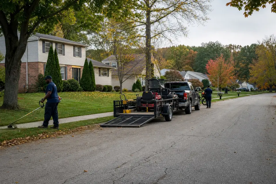Landscaping crew working on a tree-lined subdivision street in early fall