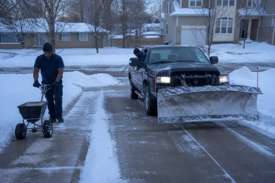 Plow truck clearing a two-car driveway while a worker salts the walk
