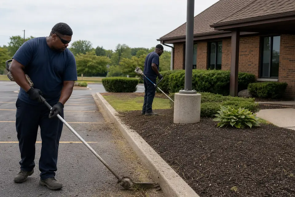 Crew edging a parking lot curb and trimming an entrance bed