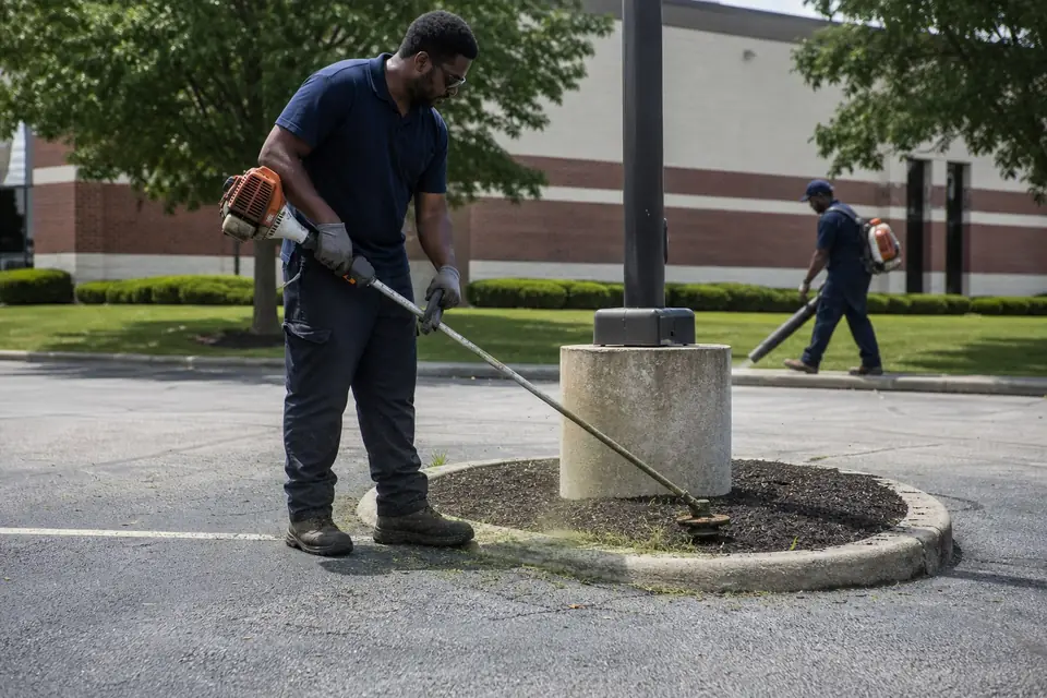 Crew member trimming a parking lot island around a light pole