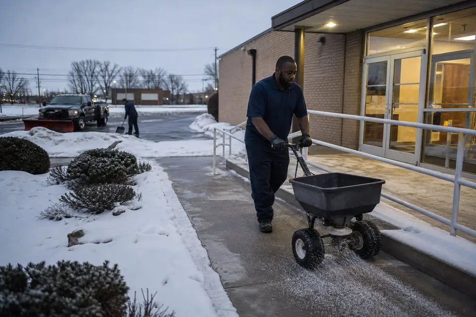 Crew member salting a cleared office building entrance in the morning