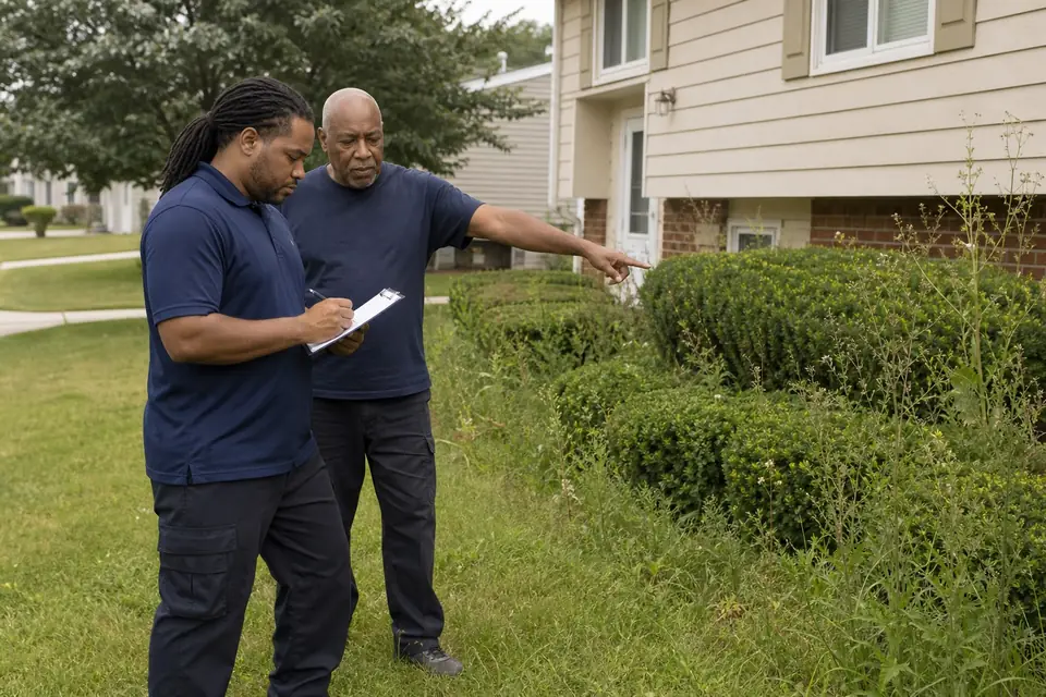 Crew member looking over a yard with a homeowner to give a quote