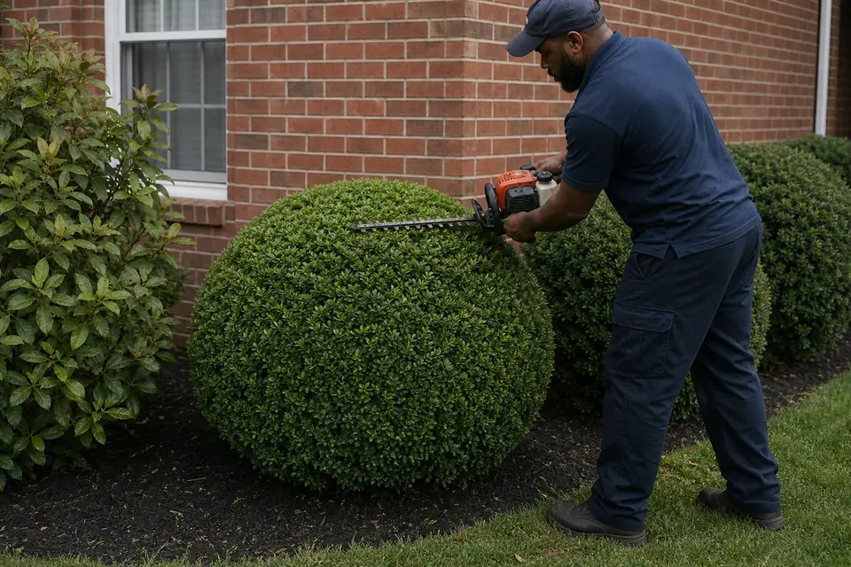 Crew member shaping a round shrub over a fresh mulched bed