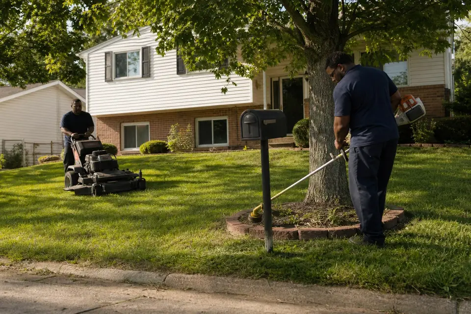 Crew mowing with a walk-behind mower and trimming around a mailbox