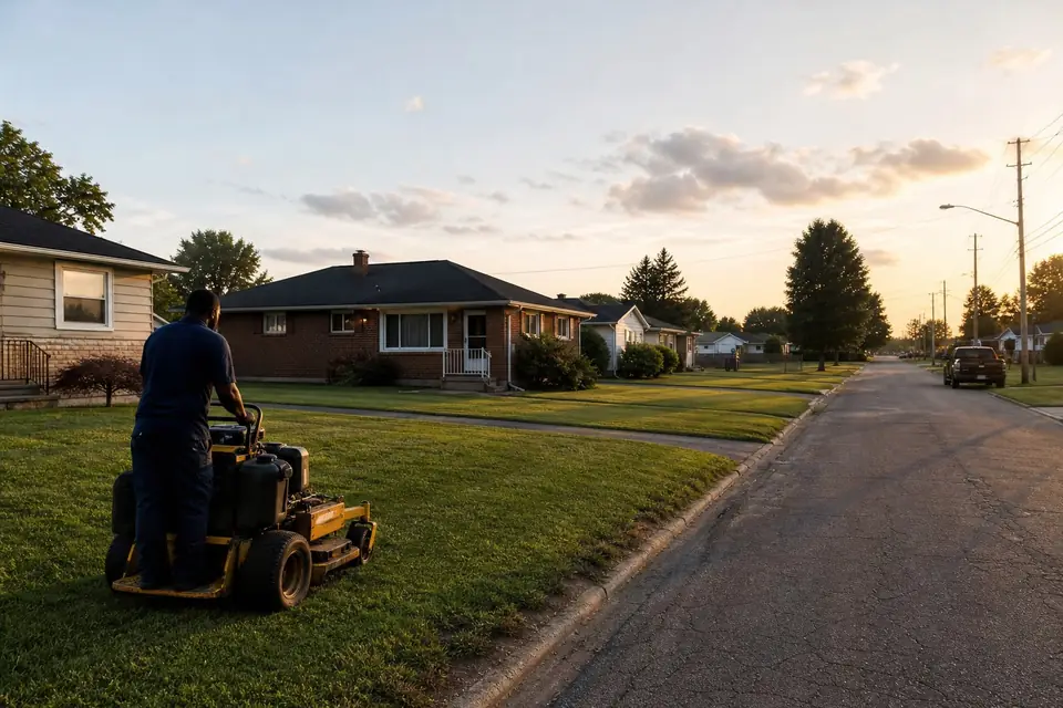 Stand-on mower on a neighborhood street of ranch homes at evening