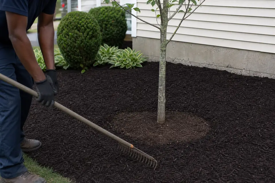 Even mulch pulled back from a young tree trunk