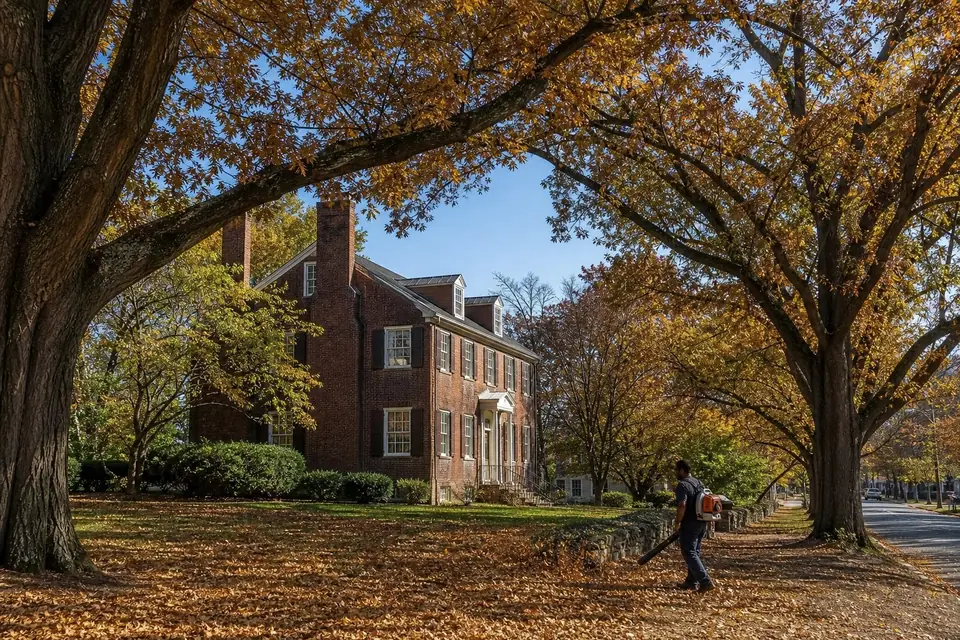 Worker blowing leaves under huge old oaks at an older brick colonial