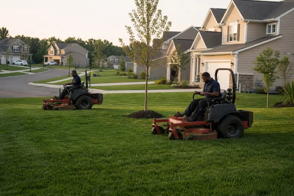 Two crew members mowing neighboring subdivision lawns