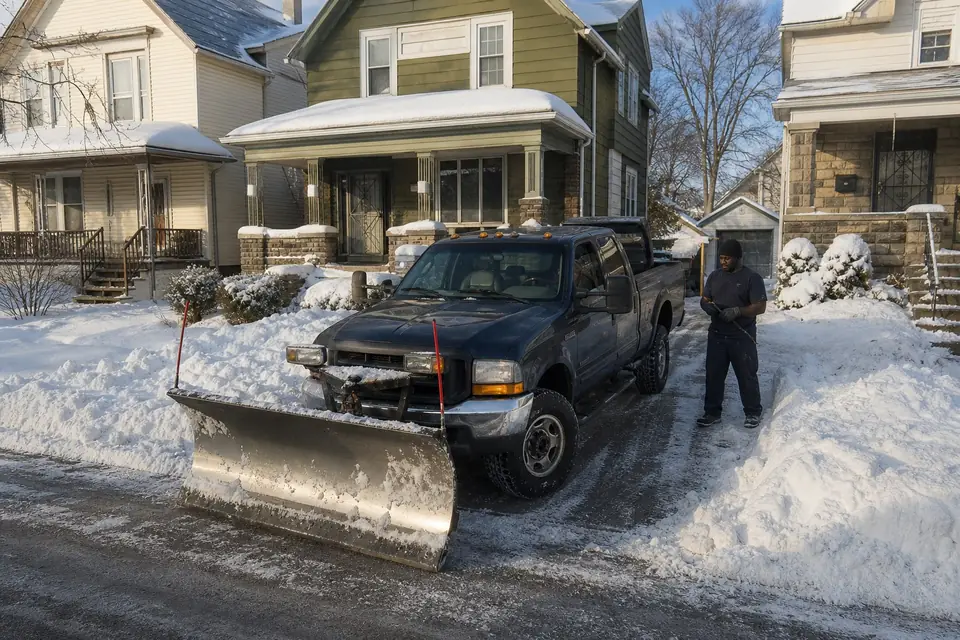 Plow truck leaving a cleared driveway on an older city street