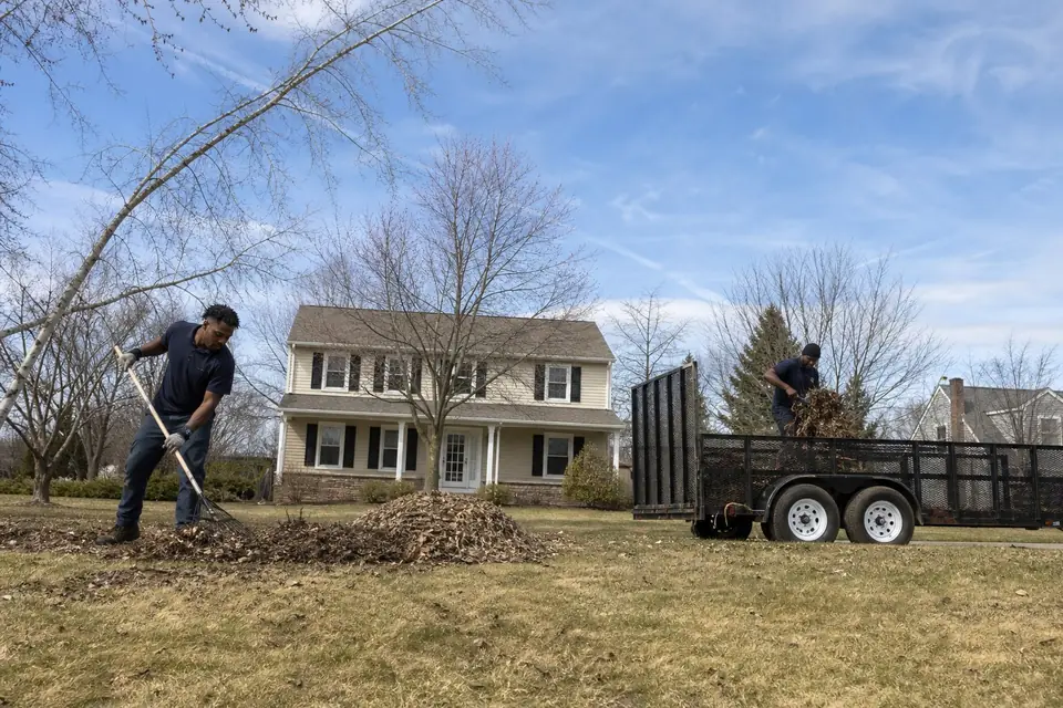 Crew raking winter debris from a front lawn in early spring