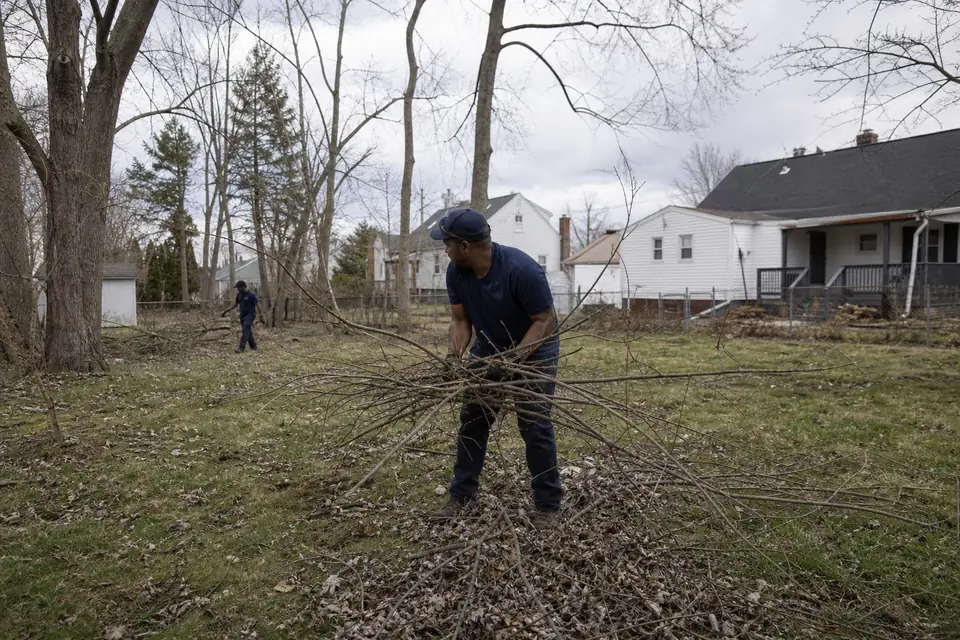 Crew member gathering fallen branches from a spring lawn