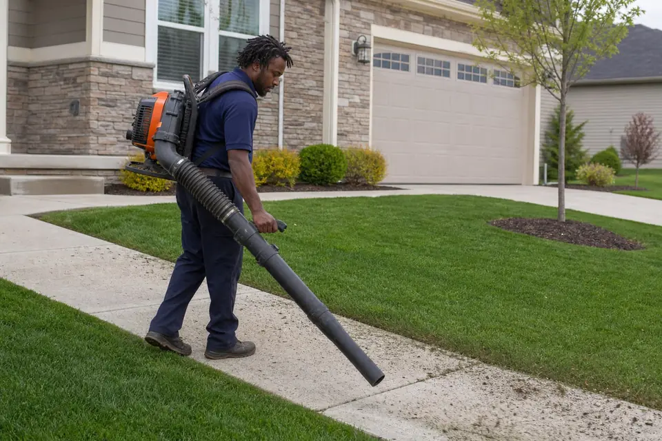 Crew member blowing debris off a front walk after a spring cleanup