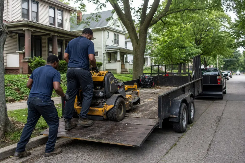 Crew unloading a stand-on mower from a trailer on an older city street