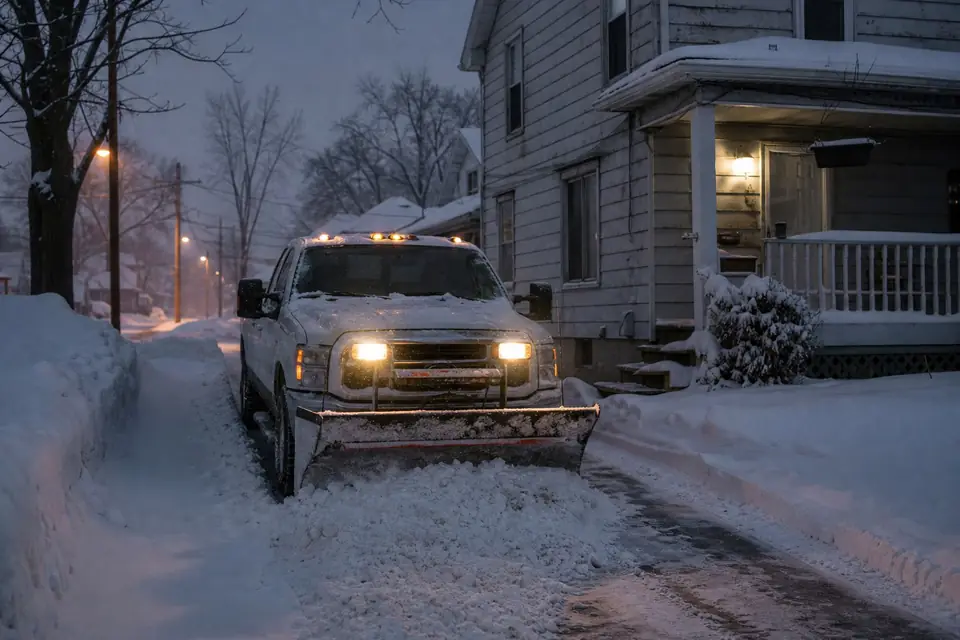 Pickup with a plow blade clearing a narrow driveway before dawn